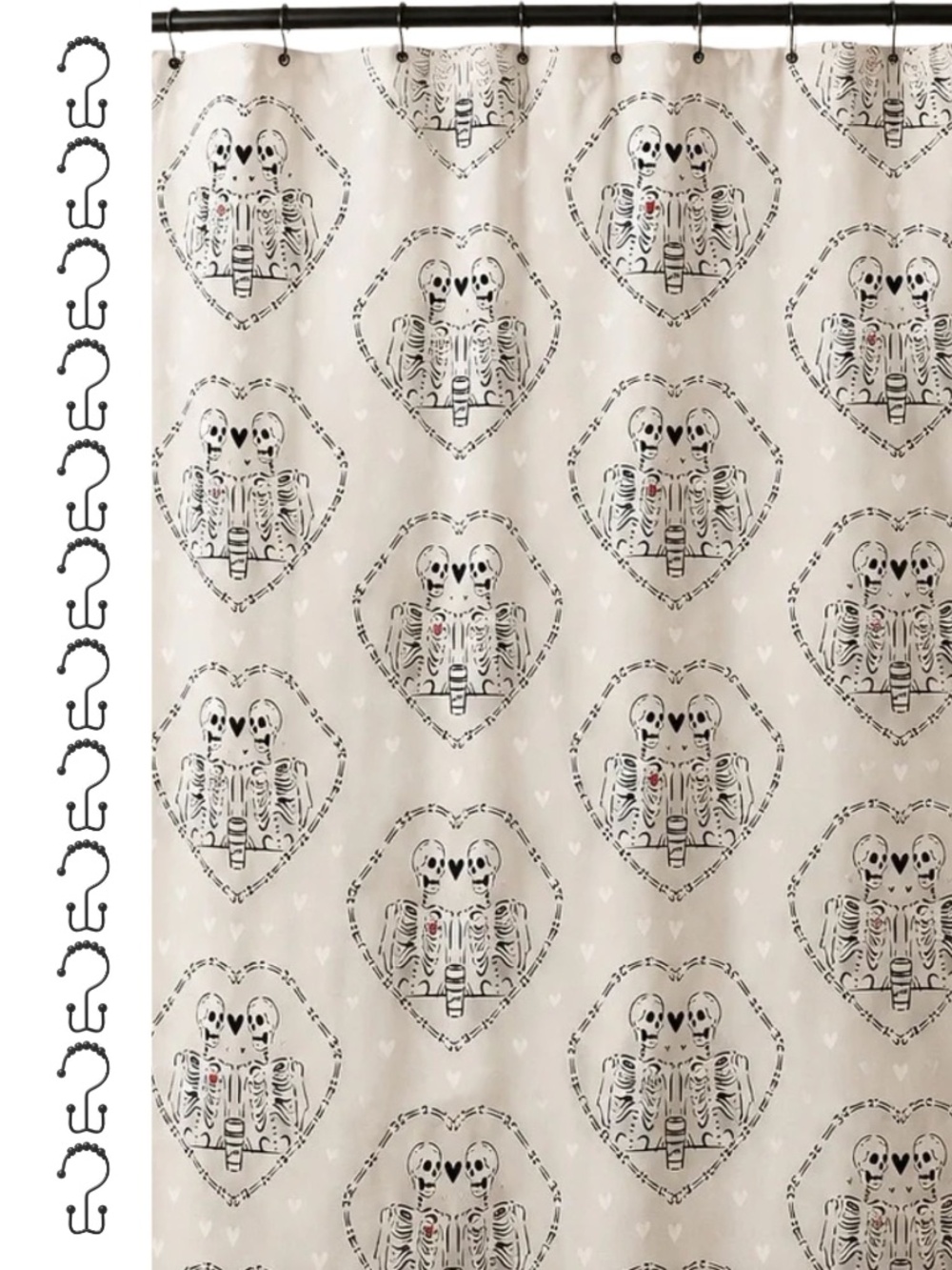 Madame Bones “Skeleton Coffee Date” Shower Curtain & Hooks Bundle